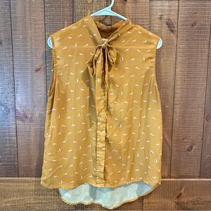Whimsical Mustard Racoon print Sleeveless Blouse with Bow Accent